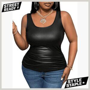 Plus Size PU Leather Tank Top Sleeveless Scoop Neck Vest Shirt